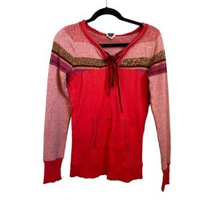 Free People Red Striped Lace Up Knit Pullover Sweater Top Women Size Medium‎
